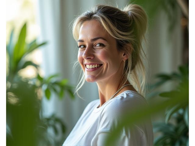 A confident woman in her late 30s smiling, engaged in a vibrant, balanced lifestyle scene with subtle tech elements, representing personalized wellness.